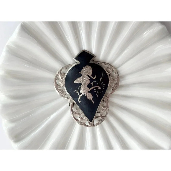 Siam Sterling Niello Makkalah Goddess of Lightening Black Enamel Vintage Brooch - Picture 7 of 10